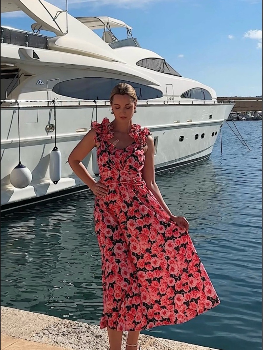 Grace Karin Coral Pink Floral V-Neck Midi Dress - Picture 3 of 13